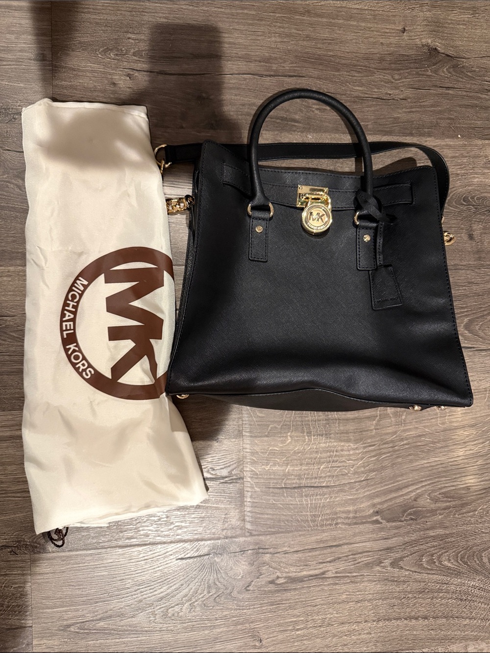 Michael Kors Black Leather Satchel with Gold Accent Lock